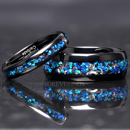 Matching black tungsten couples ring set with meteorite and blue opal inlay, 8mm and 4mm