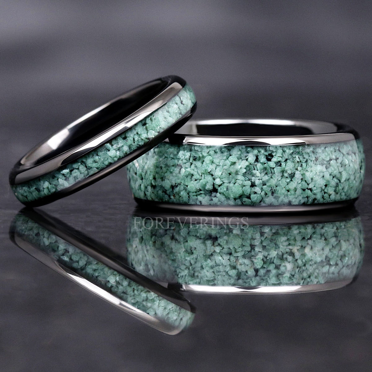Matching black tungsten couples ring set with green moss agate inlay, 8mm and 4mm