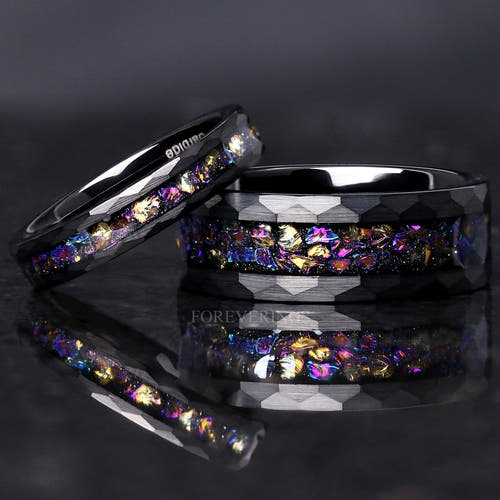 Matching black hammered tungsten couples ring set with Veil nebula moonstone inlay, 8mm and 4mm