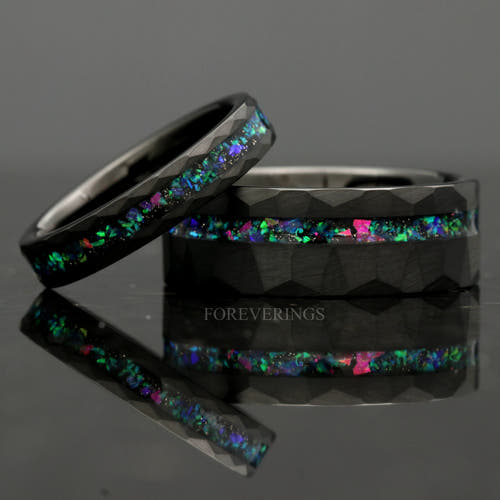 Matching hammered black tungsten couples ring set with galaxy opal inlay, 8mm and 4mm