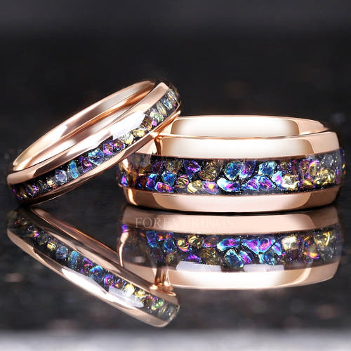 Matching rose gold tungsten couples ring set with Veil nebula moonstone inlay, 8mm and 4mm
