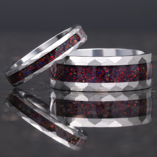 Matching hammered silver tungsten couples ring set with black fire opal inlay, 8mm and 4mm