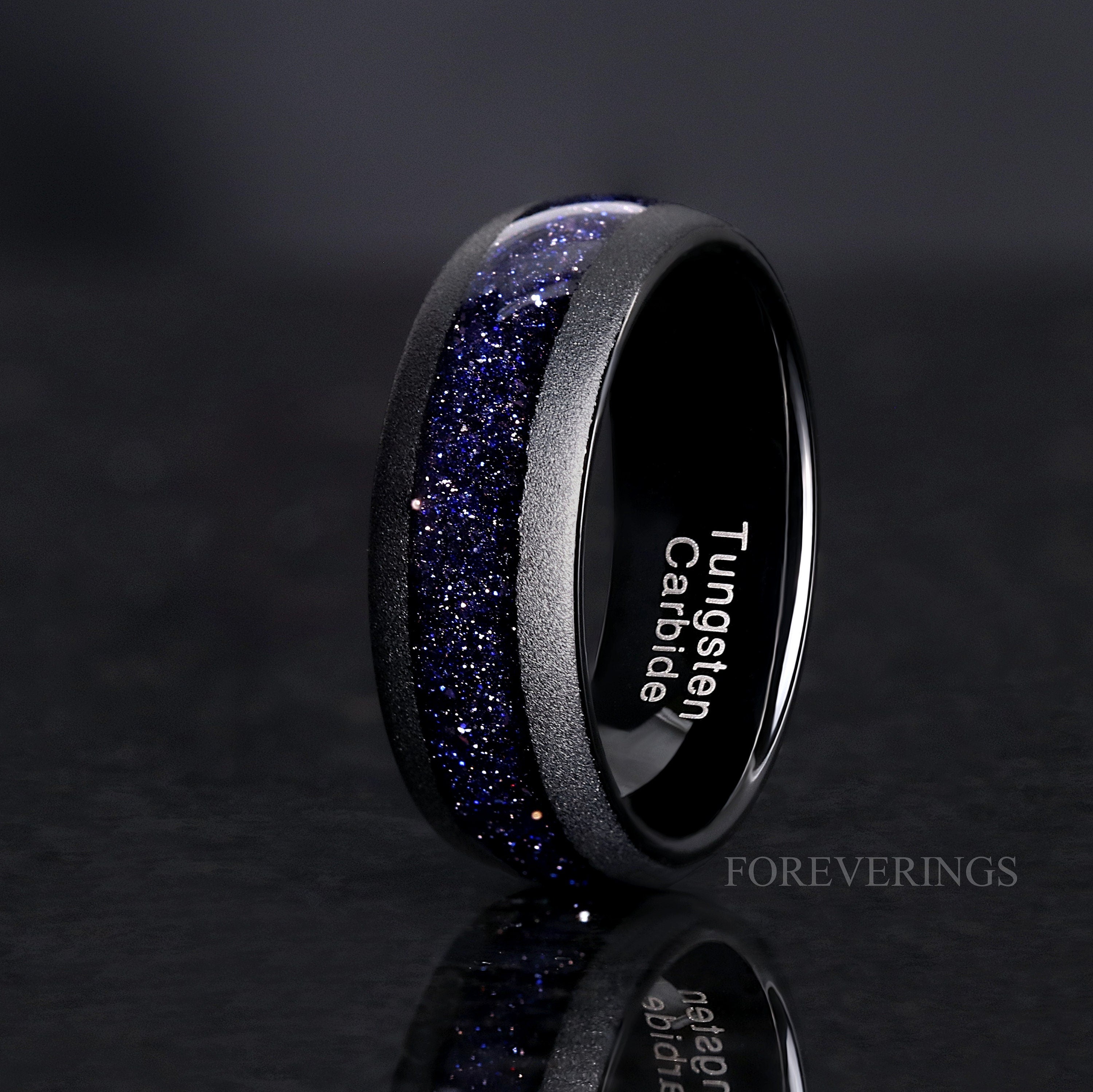 Rift Nebula Ring Set, His Her Starry Night Wedding Band, Personalized, Matching Couple Ring, Sandstone, Black Tungsten, 925 Silver