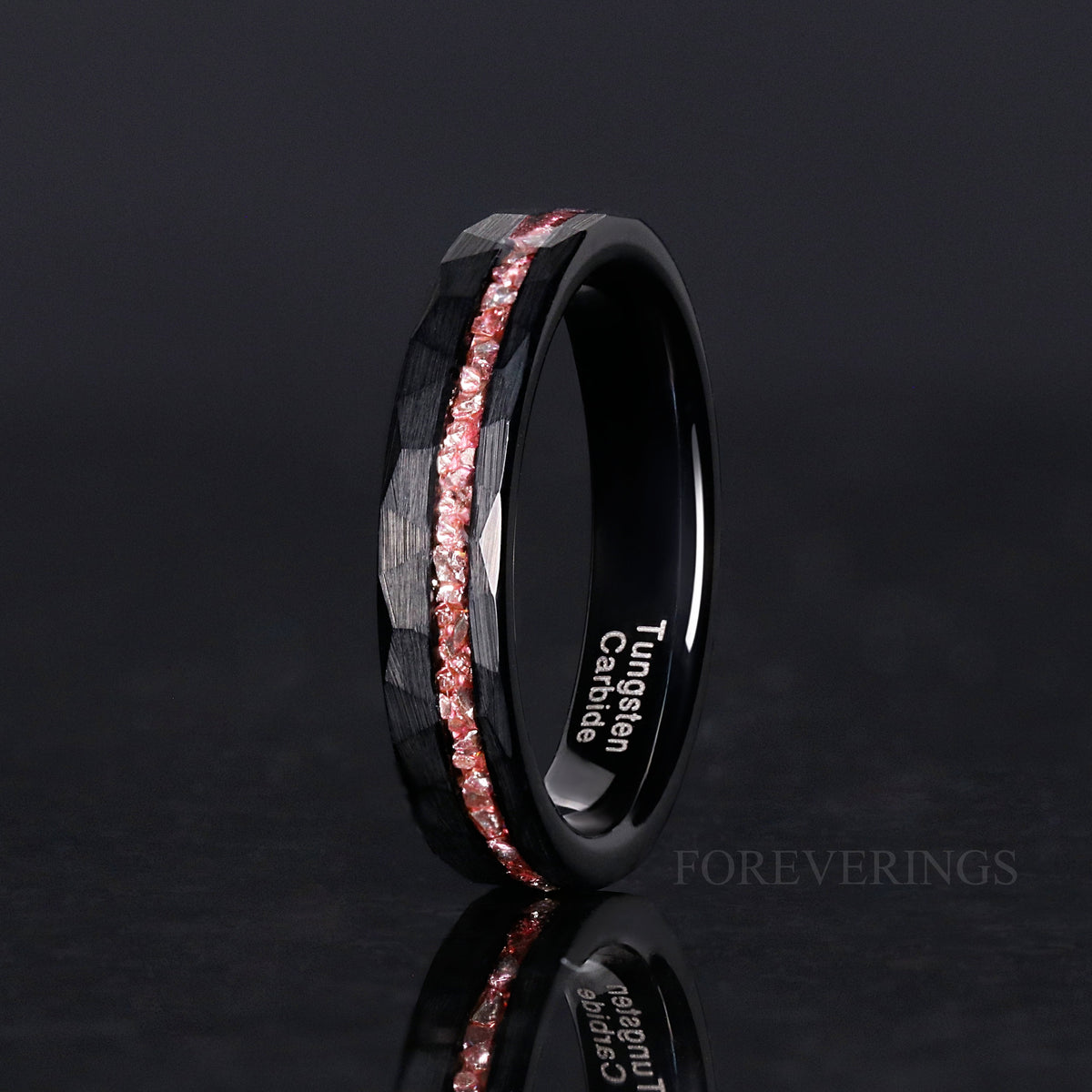 4mm black tungsten band with morganite inlay standing on edge, side profile