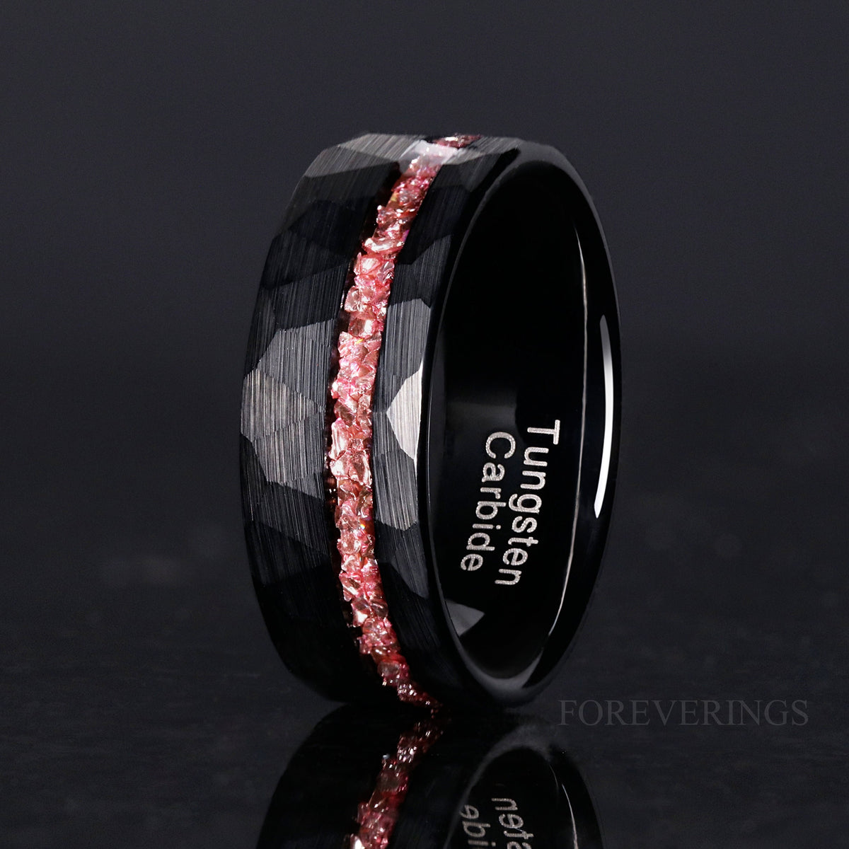 Men's 8mm black hammered tungsten band with crushed morganite, standing upright