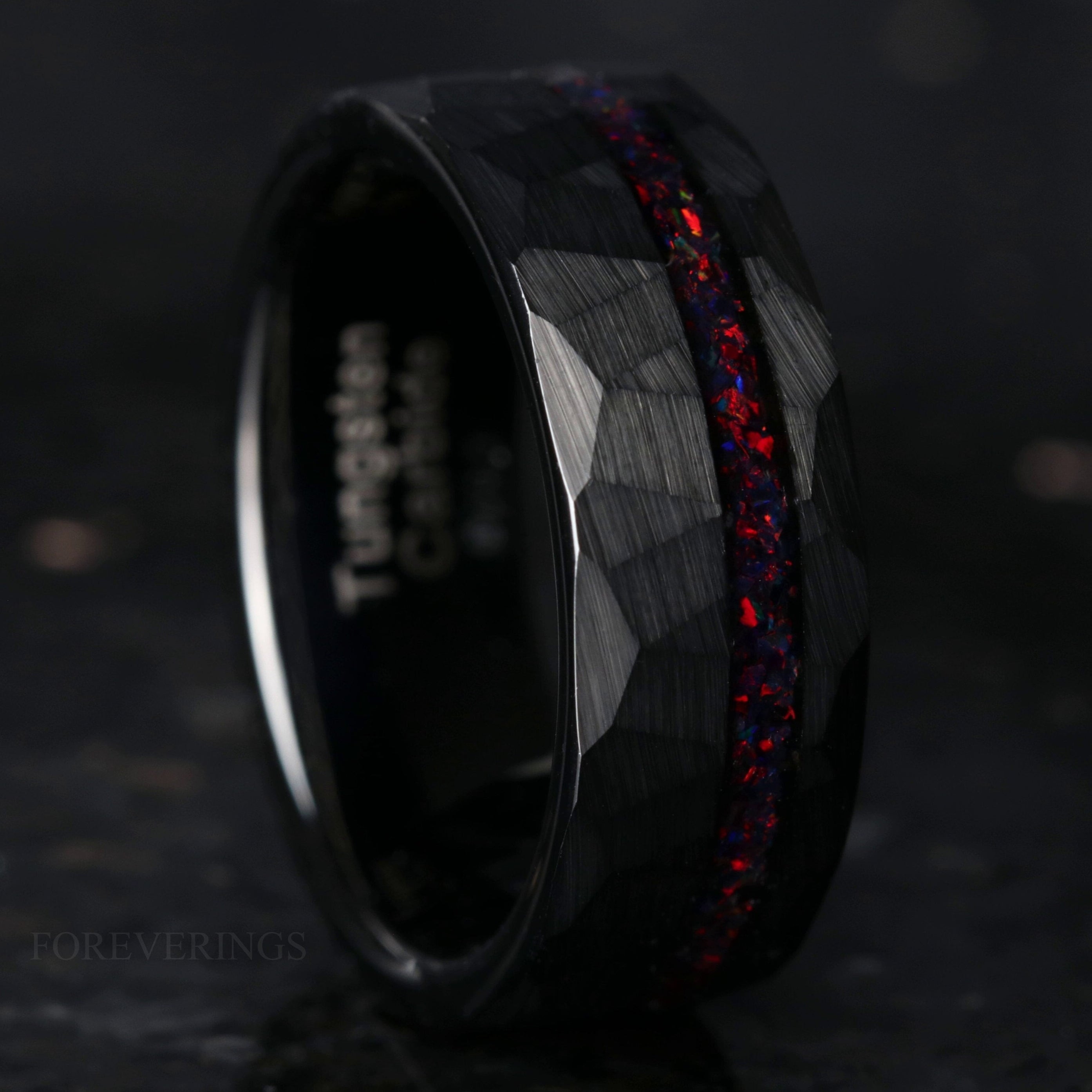 Men Black Opal Tungsten Band, Hammered, Flat, 8mm-6mm-4mm Crushed Black Fire Opal, Black Tungsten Wedding Ring, Matte Brushed, Comfort Fit