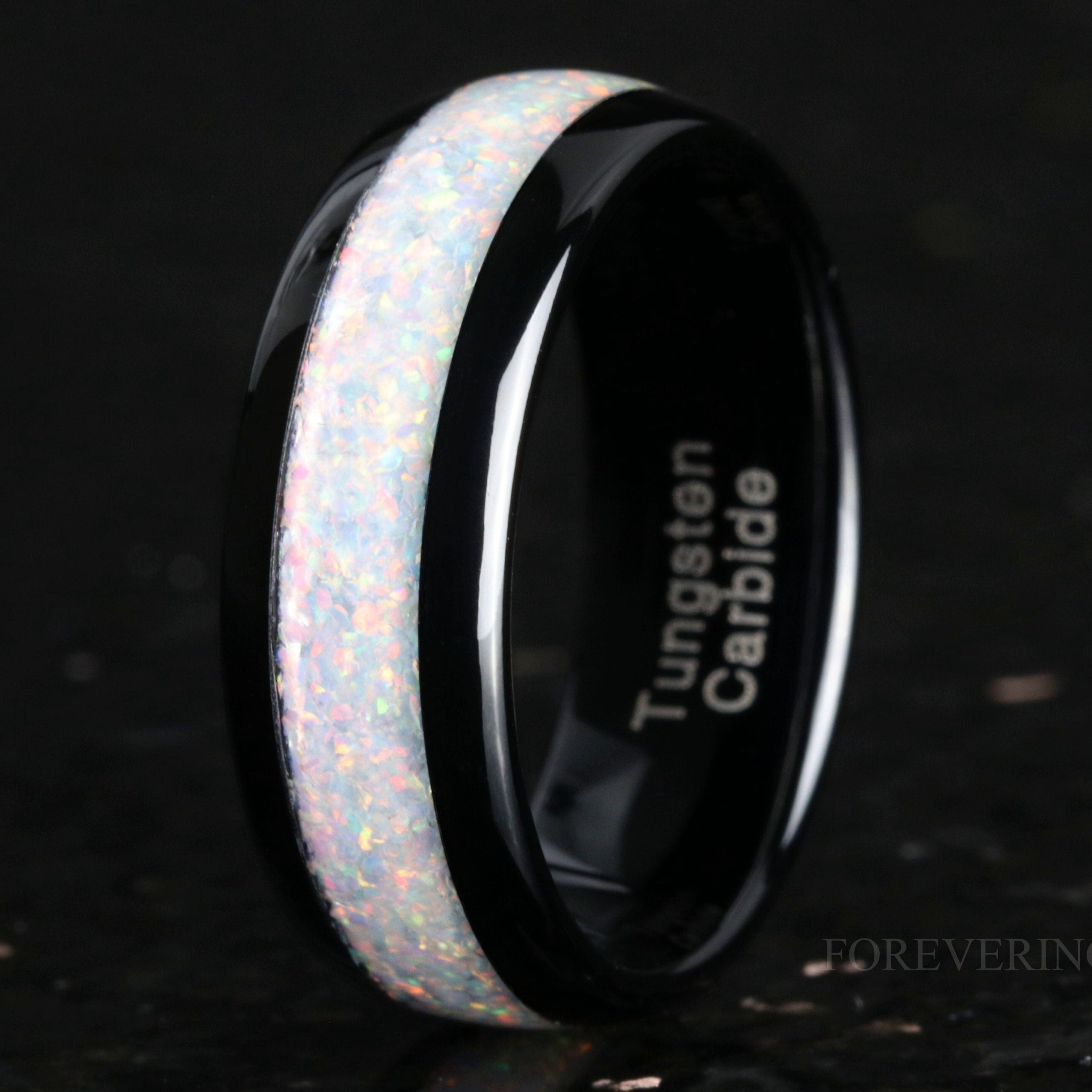 8mm White Fire Opal Ring, Black Tungsten Ring, Men Wedding Band, Crushed White Opal, Polished, Dome, Comfort Fit, Unique Ring, Gift for Him