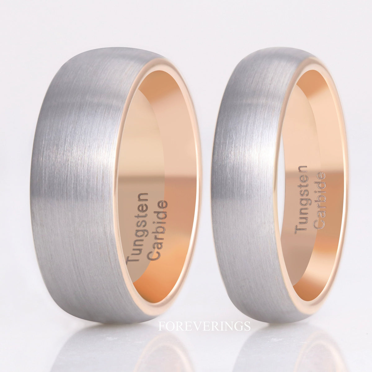 Men's silver and rose gold tungsten wedding band in 8mm and 6mm widths, side by side