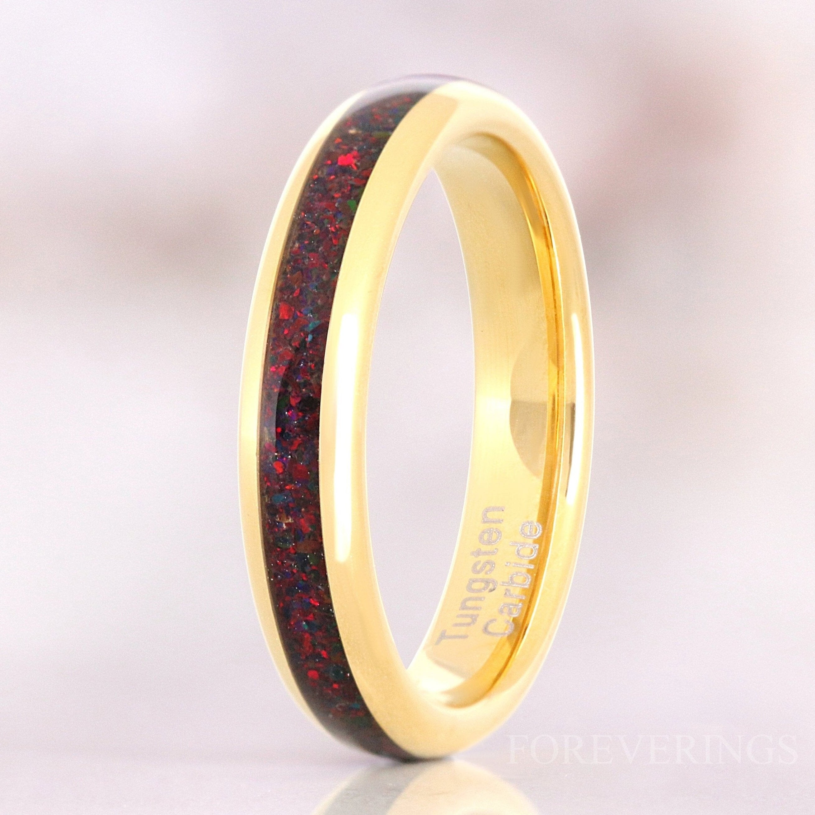 Crushed Black Fire Opal Ring Gold Tungsten Band, 4mm Women Men Wedding Ring, Black Opal Ring, Dome, Polish, Comfort Fit, Ring Engrave