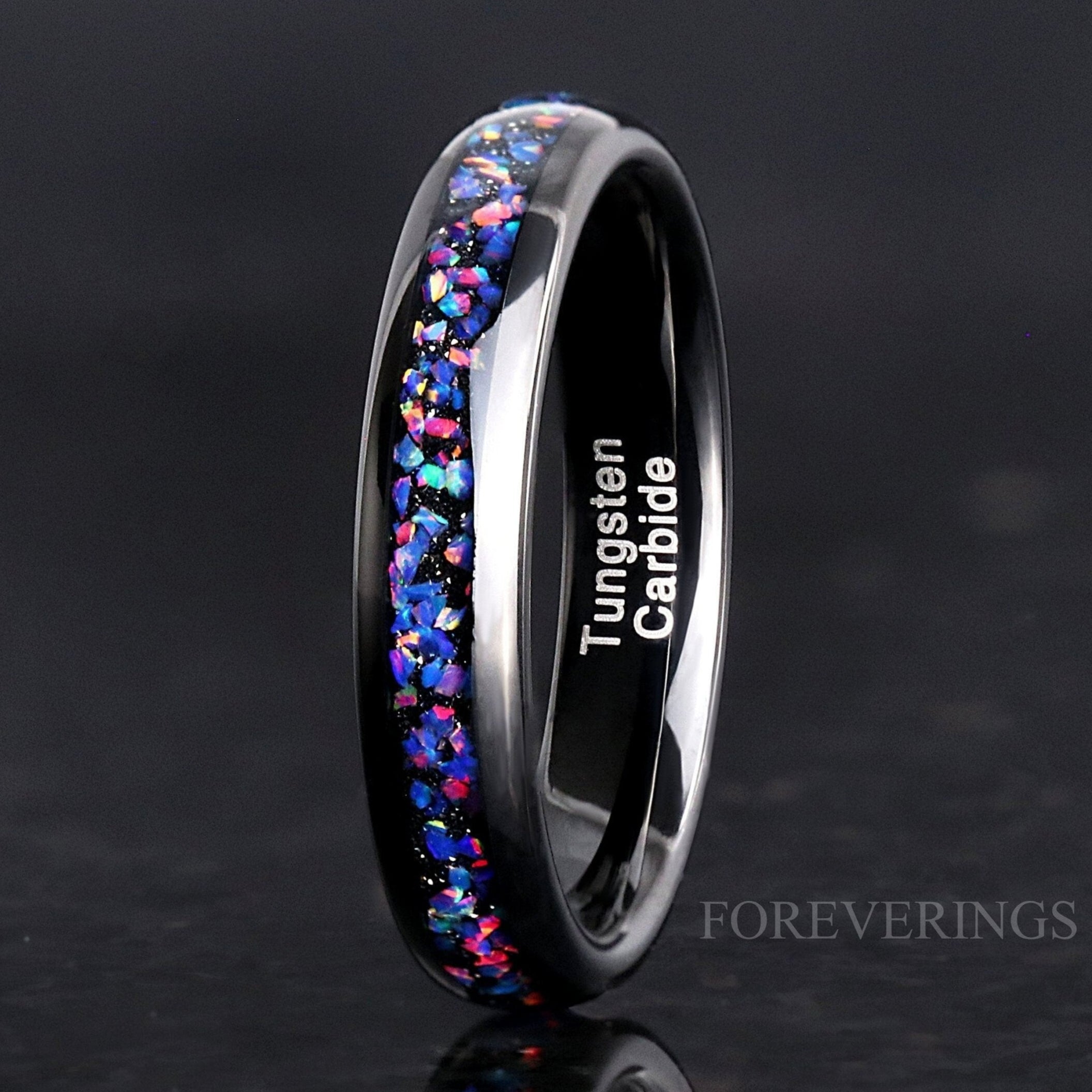 Black Starry Night Van Gogh Opal 4mm Ring, Tungsten Wedding Band, Black Opal Ring, Women Men Ring, Dome, Polished, Unique Band, Ring Engrave