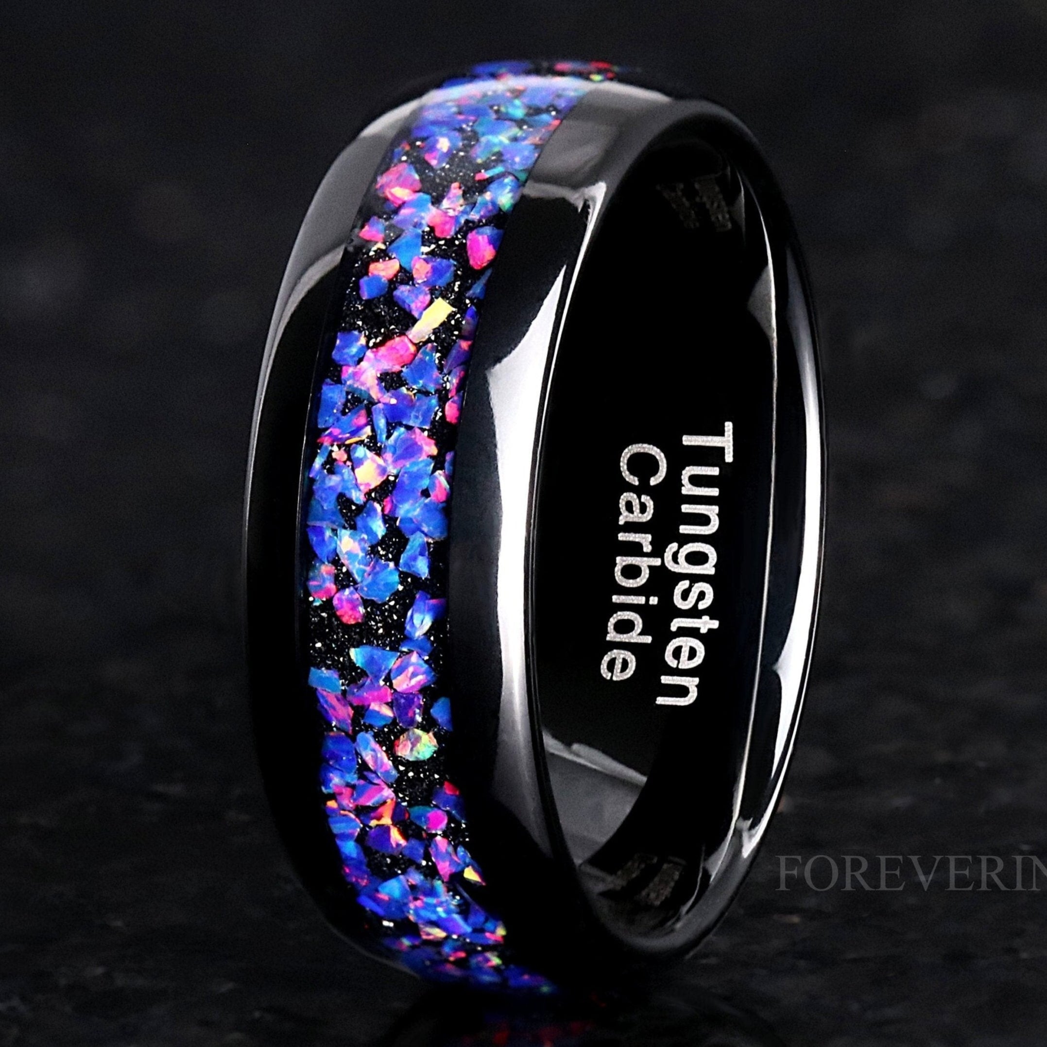 Black Starry Night Van Gogh Opal Ring for Men, 8mm Black Tungsten Wedding Band, Polish, Dome, Comfort Fit, Birthday Anniversary Gift for Him