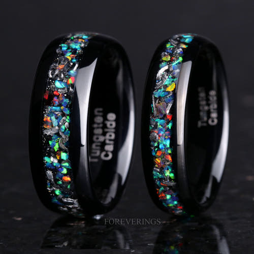 8mm and 6mm black tungsten bands with meteorite and galaxy opal inlay, the two width options side by side