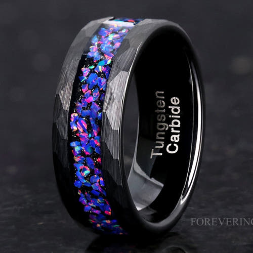 Men's 8mm hammered black tungsten ring with Van Gogh opal inlay, standing upright