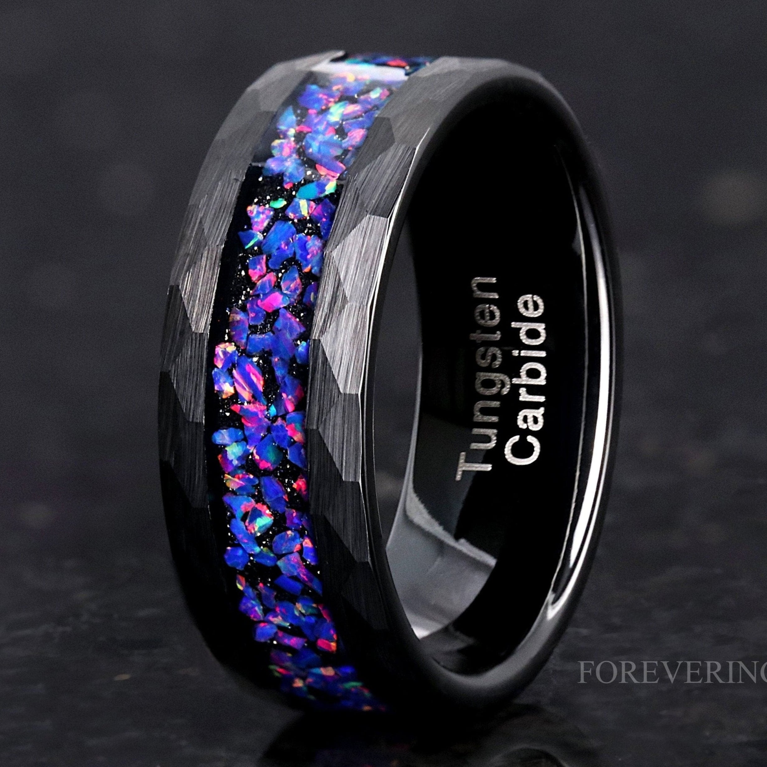Black Hammered Ring with Starry Night Van Gogh Opal, 8mm Mens Wedding Band, Hammered Matte Black Ring, Unique Faceted Custom Engraved Ring
