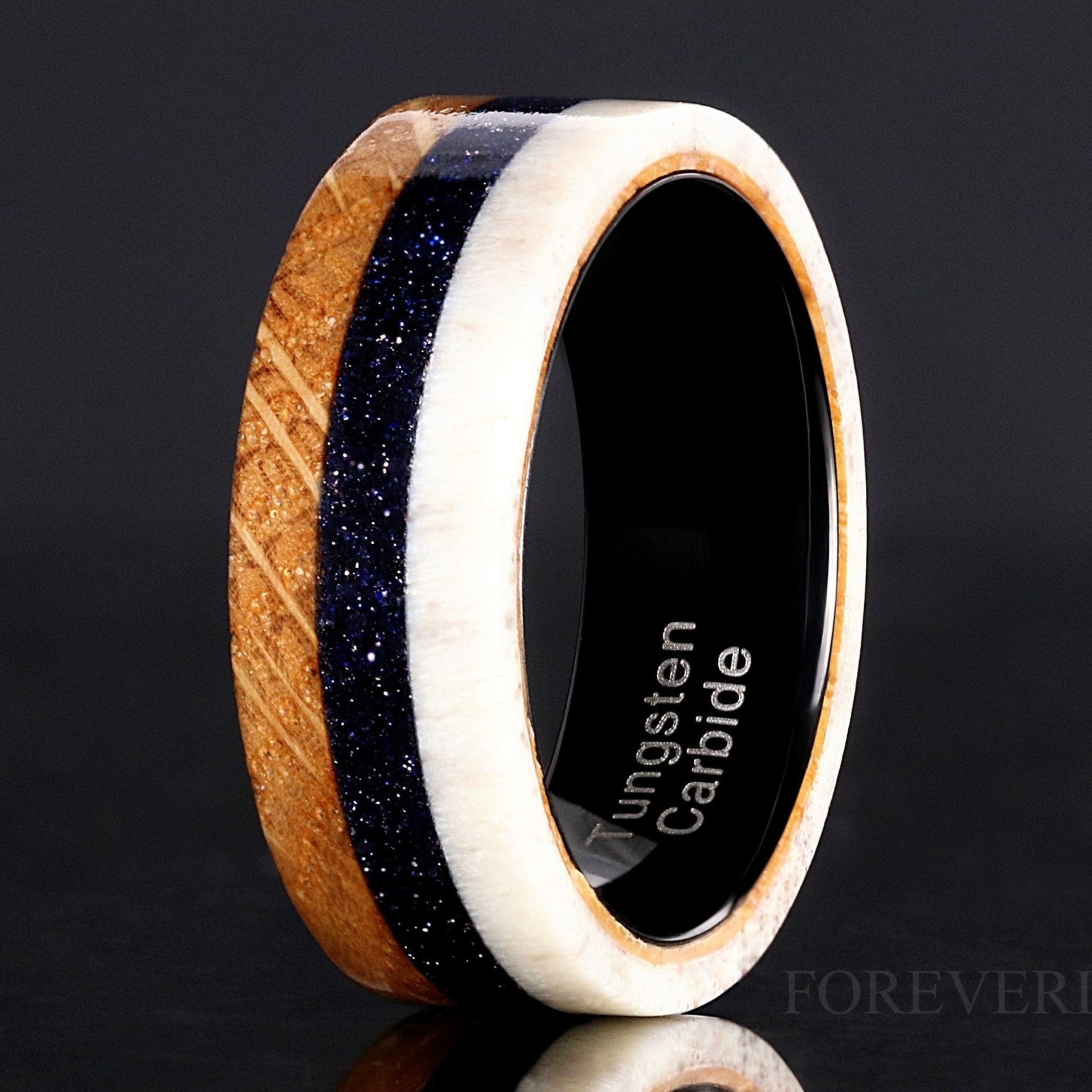 Mens Whiskey Barrel Ring, Antler Wedding Band, Black Nebula Ring, Blue Sandstone, Unique Engagement Ring, Promise Ring, Nature, Ring Engrave