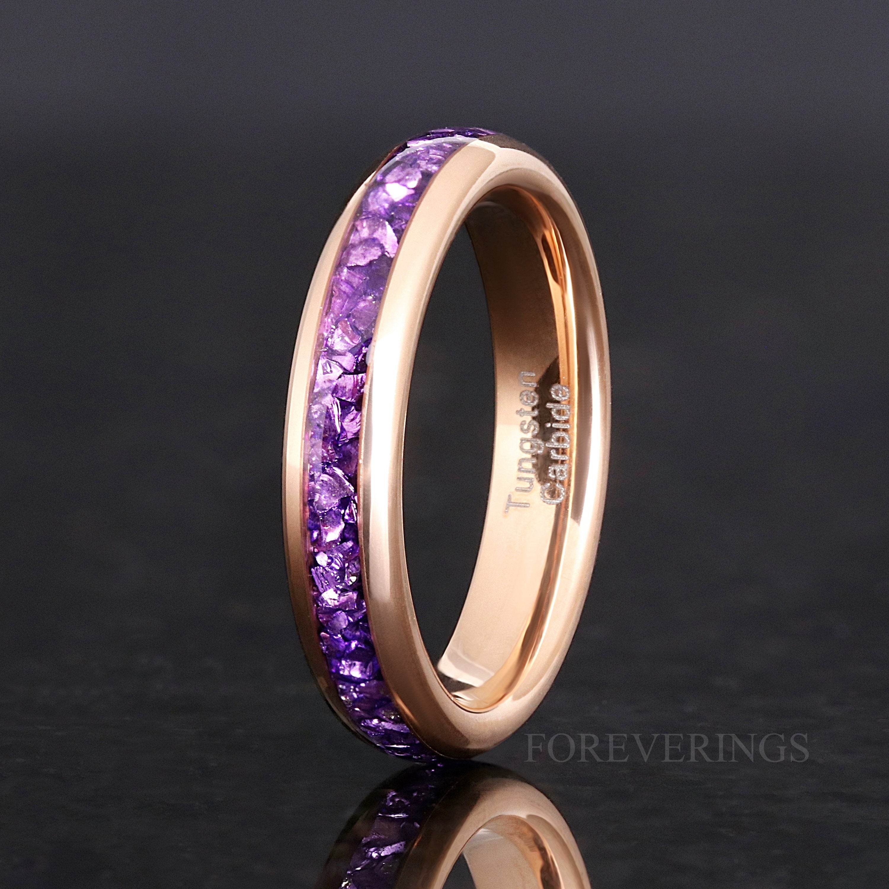 Amethyst Ring Set Rose Gold, His and Her Tungsten Wedding Band, 8mm & 4mm Purple Ring Set, Matching Couples Ring Set, Promise Ring Set