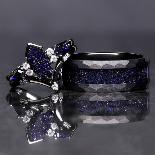 Matching black couples ring set with blue sandstone, hexagon engagement ring and 8mm hammered band