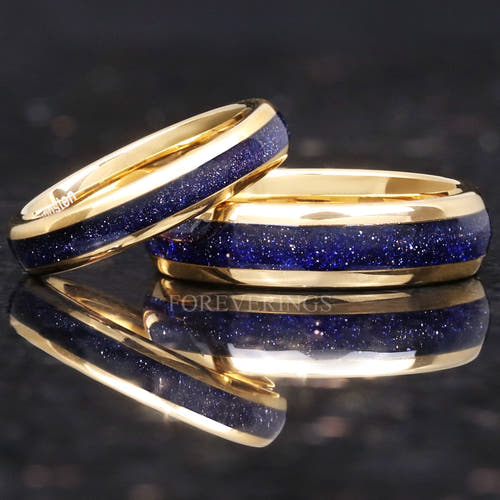 Matching gold tungsten couples ring set with Great Rift blue sandstone inlay, 6mm and 4mm
