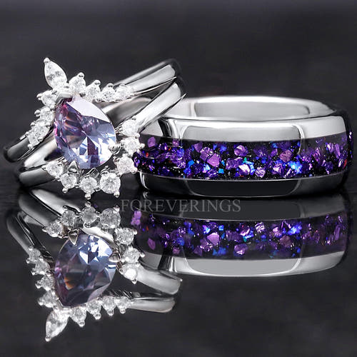 Matching silver couples ring set: pear-cut alexandrite ring, nesting band and 8mm tungsten band with purple sandstone