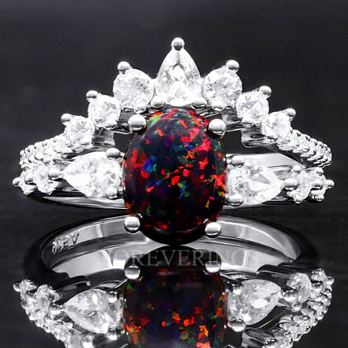 Women's vintage-style sterling silver oval black fire opal engagement ring set, close front view