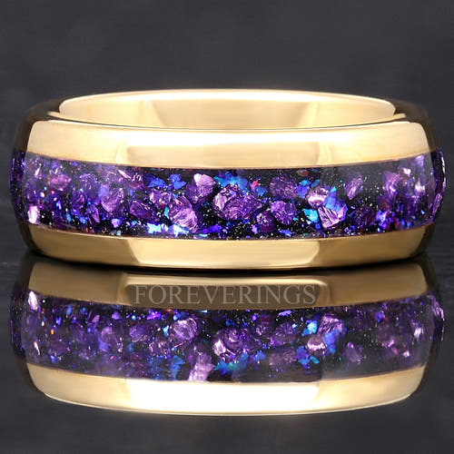 Gold tungsten Crab nebula ring with crushed alexandrite inlay, shown straight on