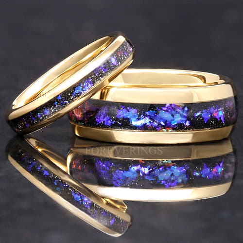 Matching gold tungsten couples ring set with Orion nebula sandstone inlay, 8mm and 4mm