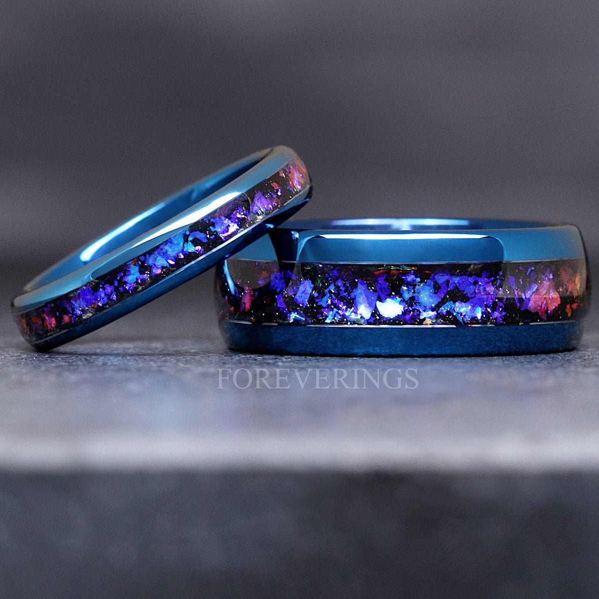 Matching blue tungsten couples ring set with Orion nebula sandstone inlay, 8mm and 4mm
