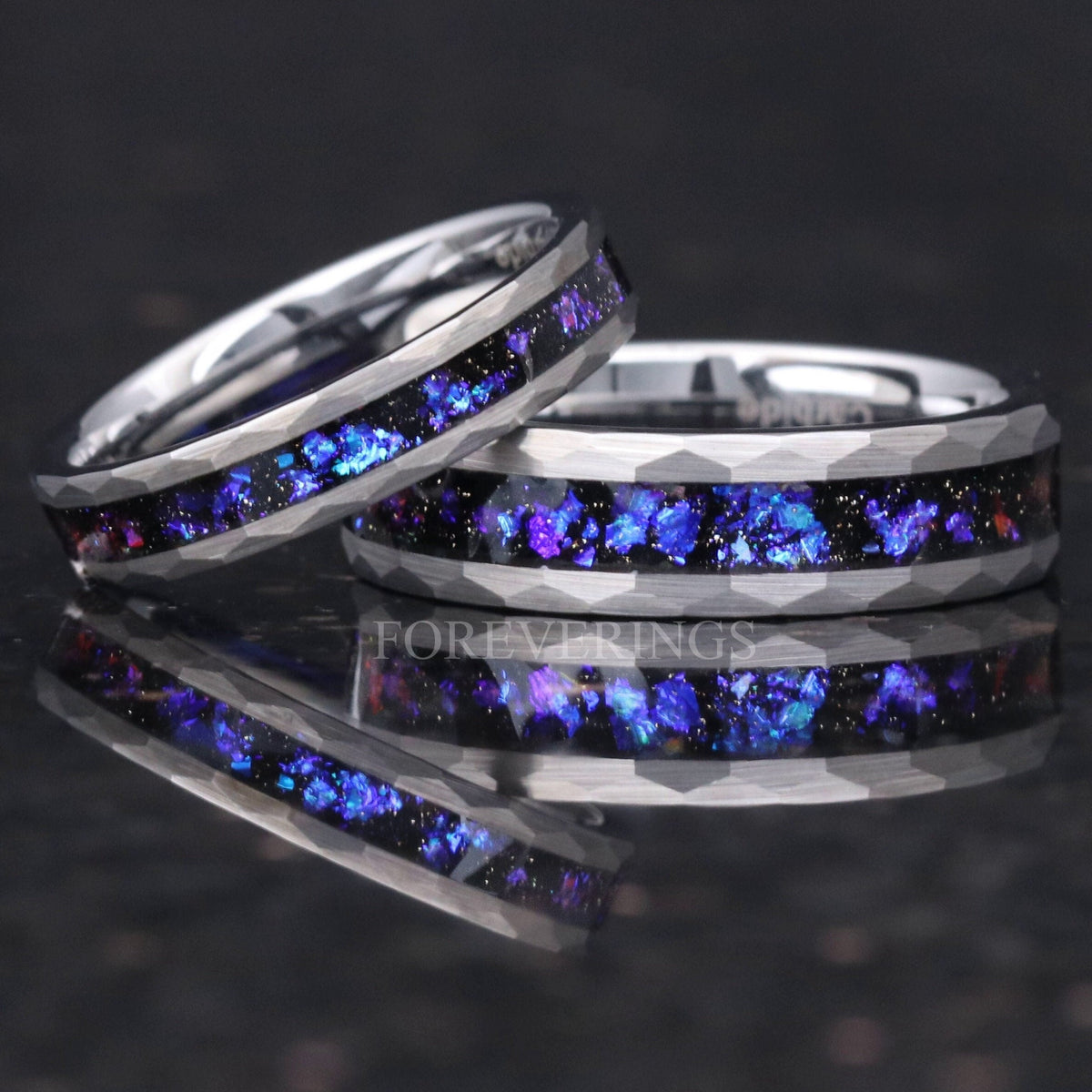 Matching silver hammered tungsten couples ring set with Orion nebula sandstone inlay, 6mm and 4mm
