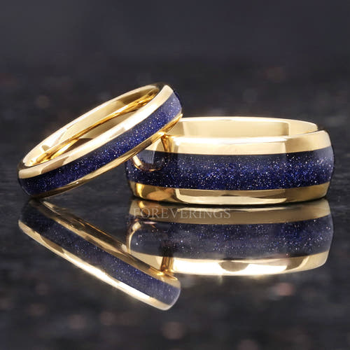 Matching gold tungsten couples ring set with Great Rift blue sandstone inlay, 8mm and 4mm