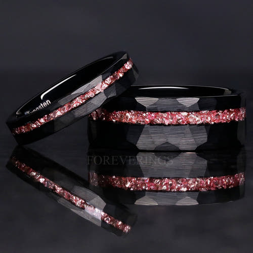 Matching black hammered tungsten couples ring set with crushed morganite inlay, 8mm and 4mm