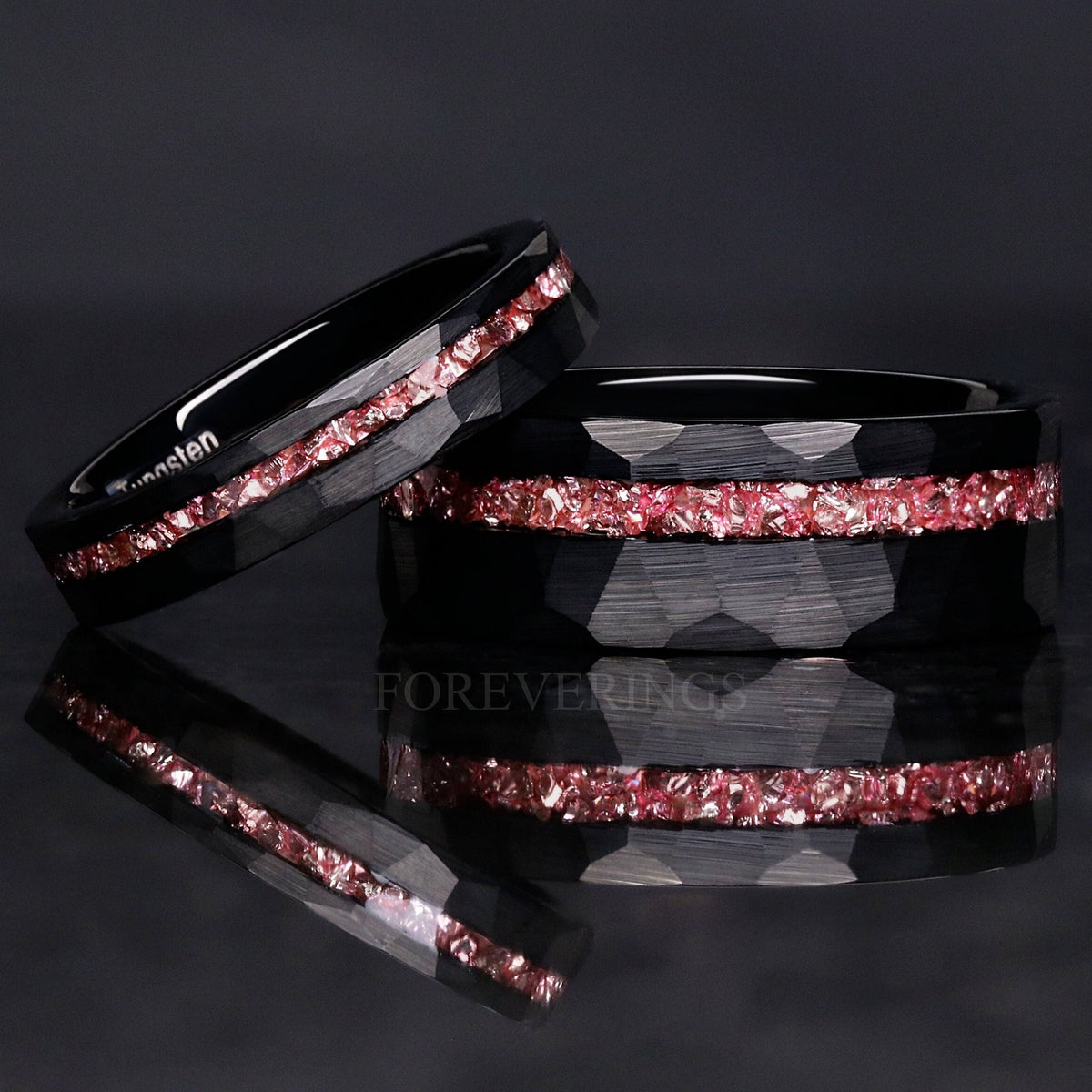 Matching black hammered tungsten couples ring set with crushed morganite inlay, 8mm and 4mm