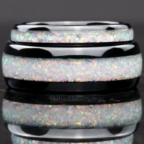 Matching black tungsten couples ring set with white fire opal inlay, 8mm and 4mm