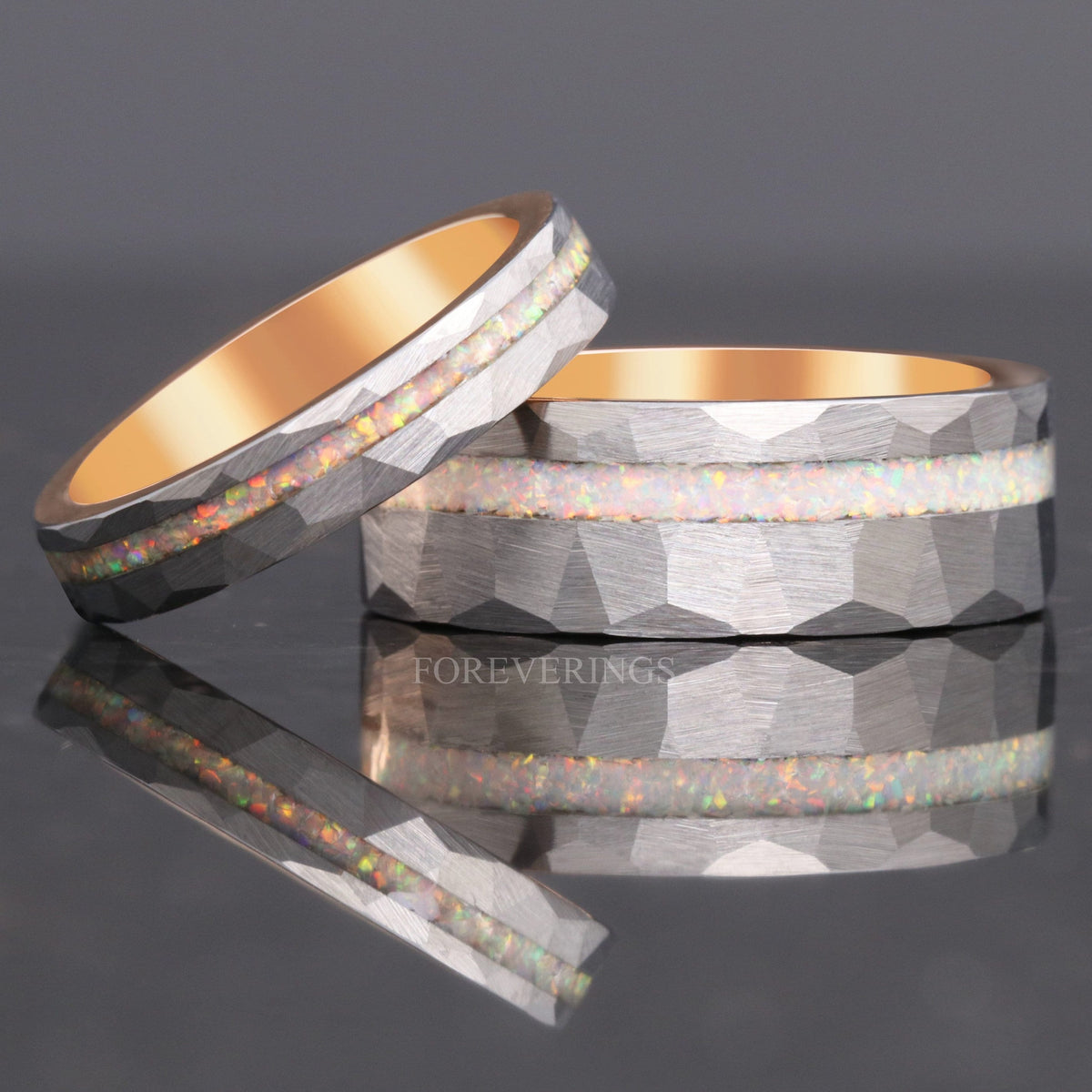 Matching hammered silver tungsten couples ring set with white fire opal inlay, 8mm and 4mm