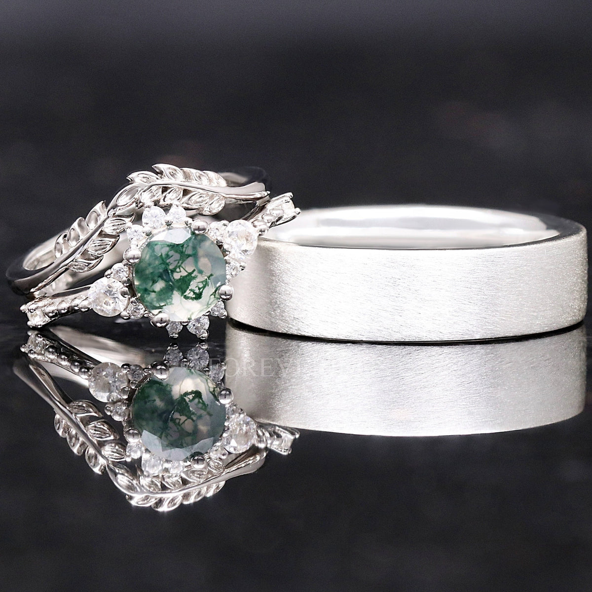 Matching sterling silver couples ring set: moss agate bridal set and 6mm brushed silver band
