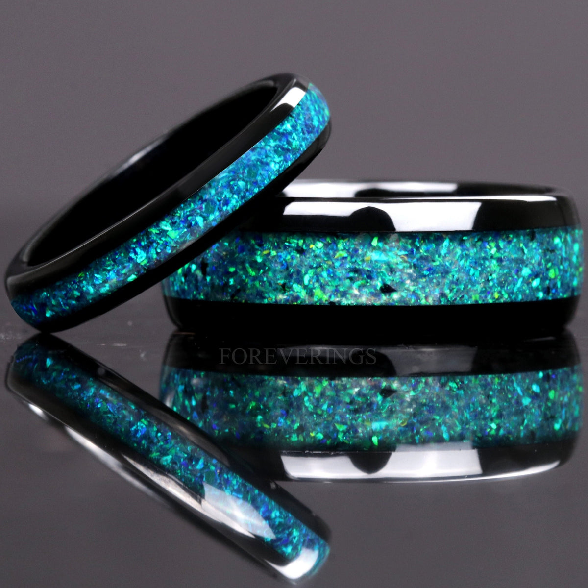 Matching black tungsten couples ring set with emerald opal inlay, 8mm and 4mm