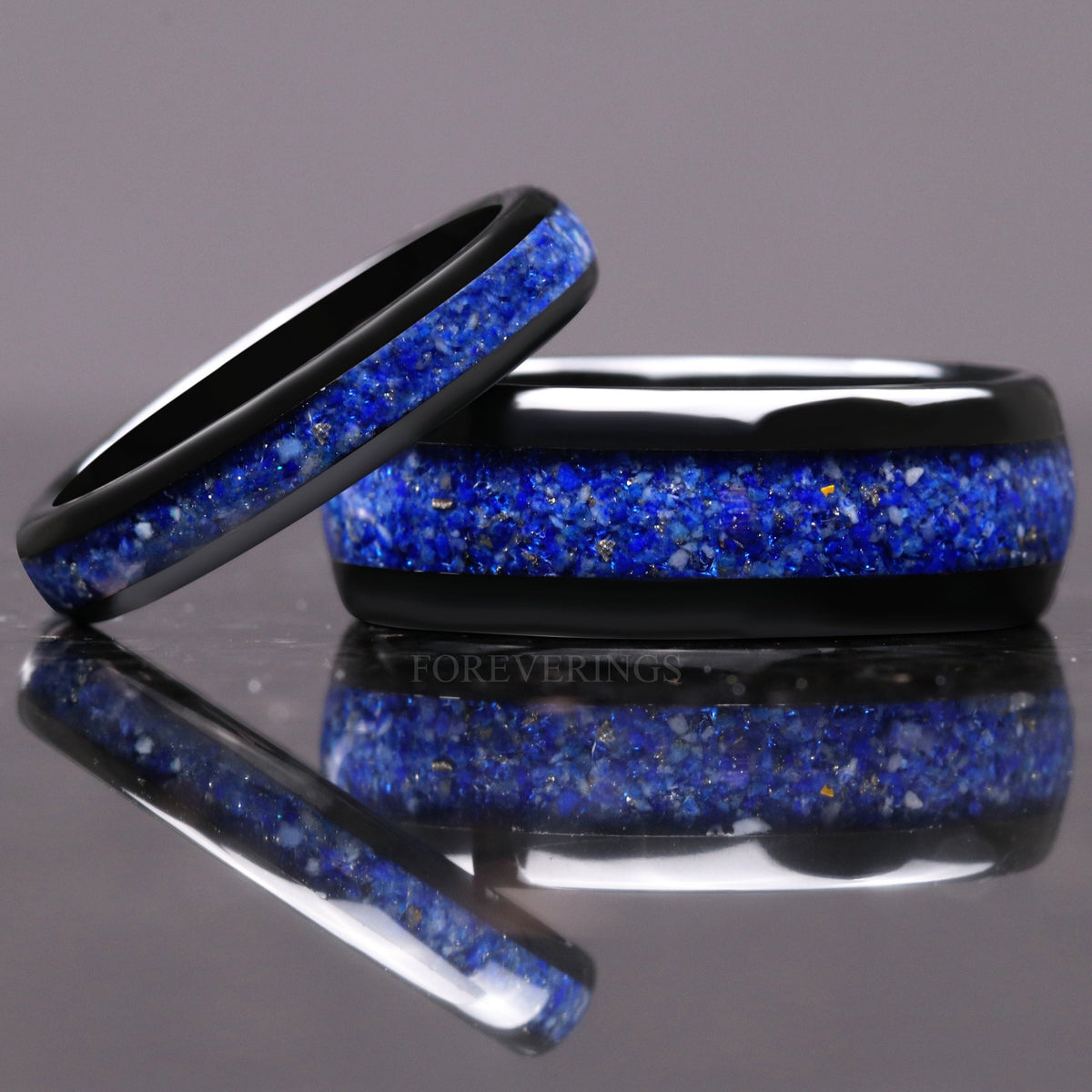Matching black tungsten couples ring set with lapis lazuli inlay, 8mm and 4mm