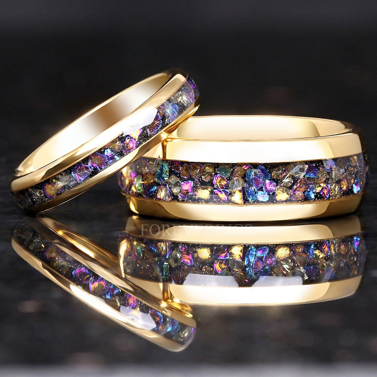 Matching gold tungsten couples ring set with Veil nebula moonstone inlay, 8mm and 4mm