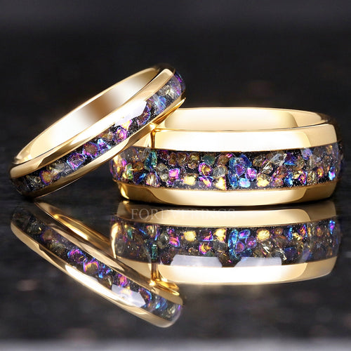 Matching gold tungsten couples ring set with Veil nebula moonstone inlay, 8mm and 4mm