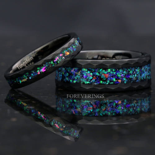 Matching hammered black tungsten couples ring set with galaxy opal inlay, 8mm and 4mm