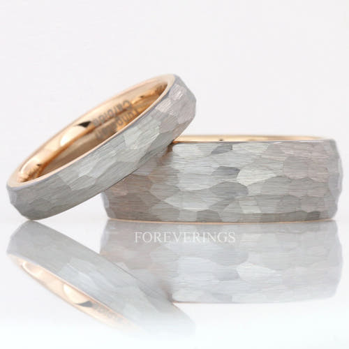 Matching hammered silver tungsten couples ring set with rose gold interiors, 8mm and 4mm