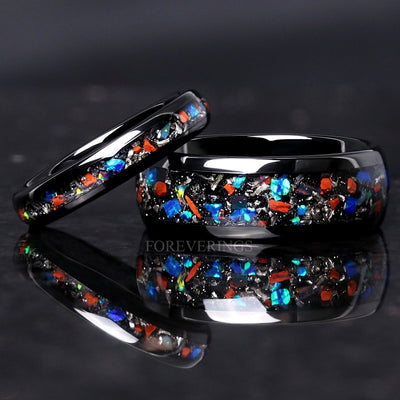 Matching black tungsten couples ring set with dinosaur bone, meteorite and opal inlay, 8mm and 4mm