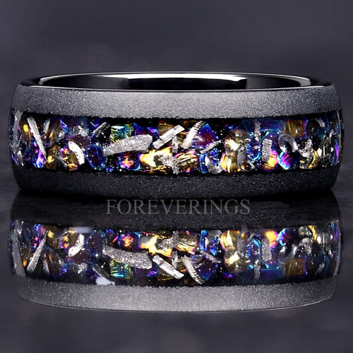 Men's sandblasted black tungsten wedding band with Veil nebula moonstone and meteorite inlay