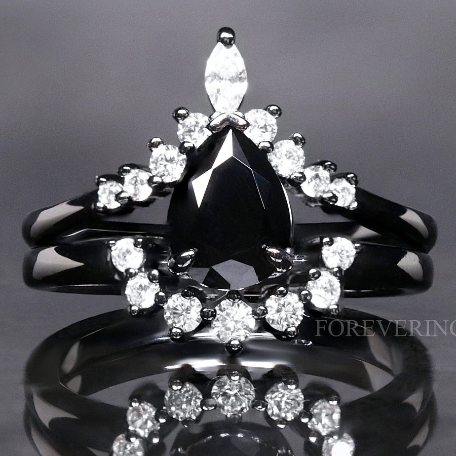 Black Onyx Modern Women Engagement Ring Set, 925 Sterling Silver Ring, Womens Wedding Ring Set, Unique Engagement Ring Set