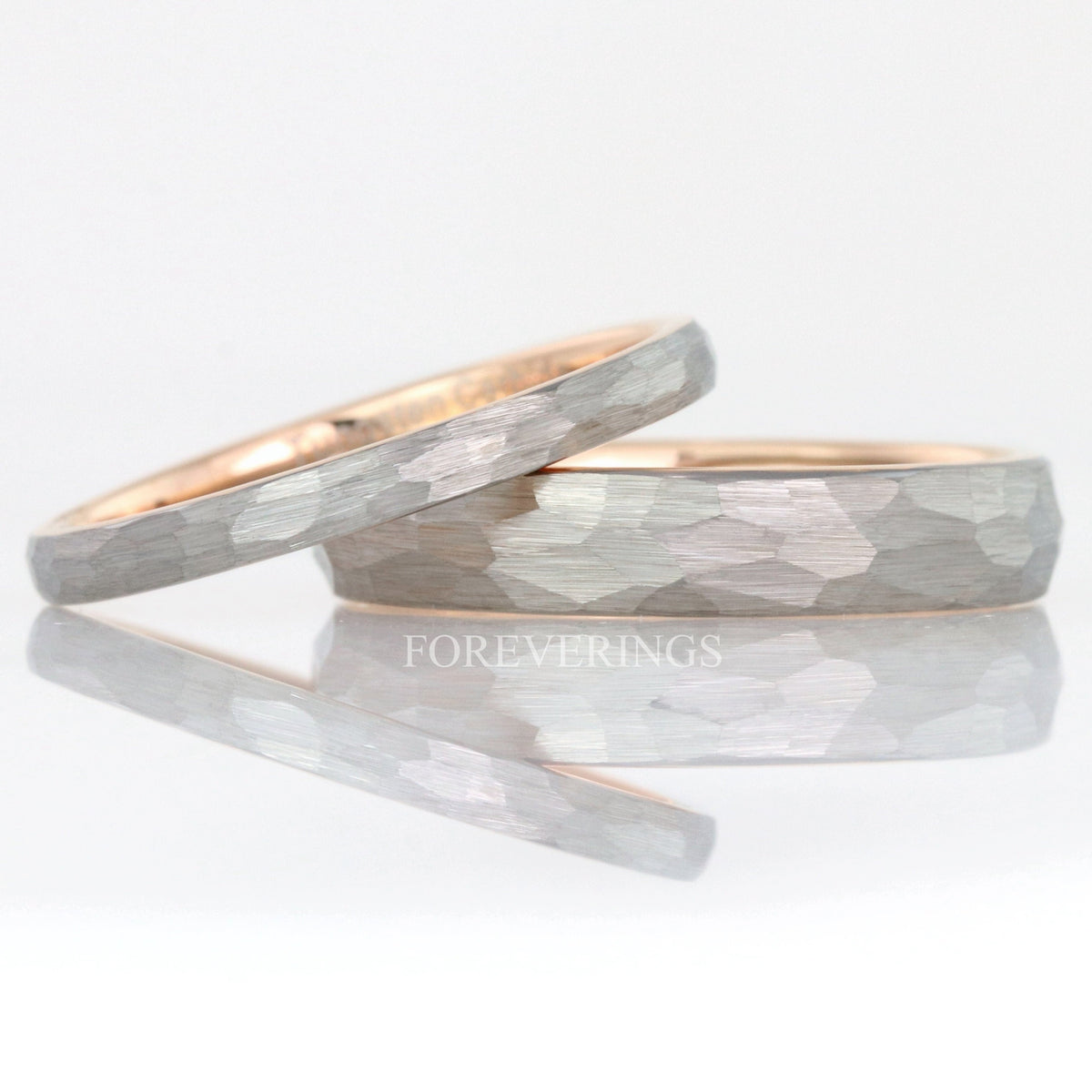Two-tone hammered tungsten wedding bands, silver with rose gold inside, 2mm leaning on 4mm
