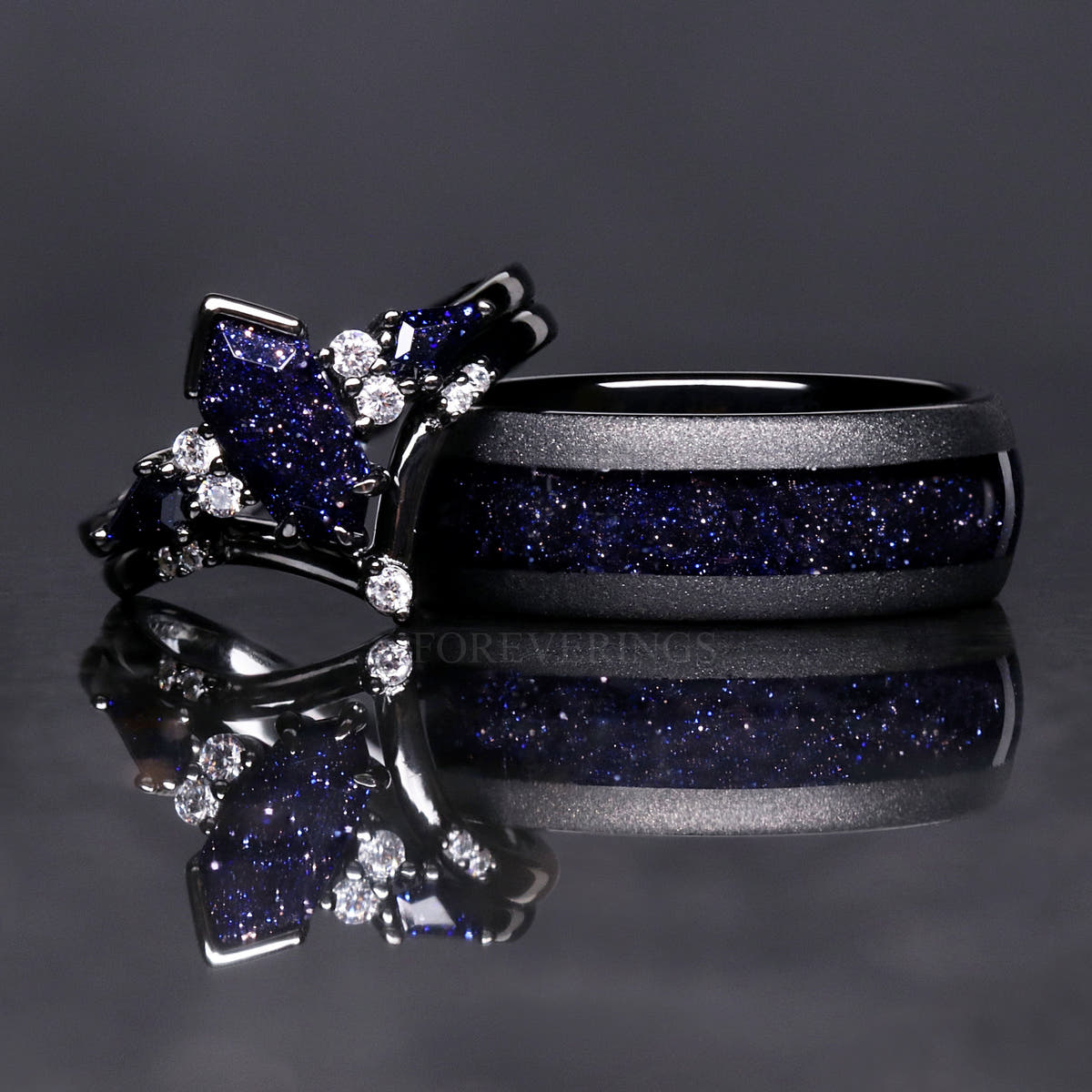 Blue sandstone bridal set leaning on a wider black band with blue sandstone inlay