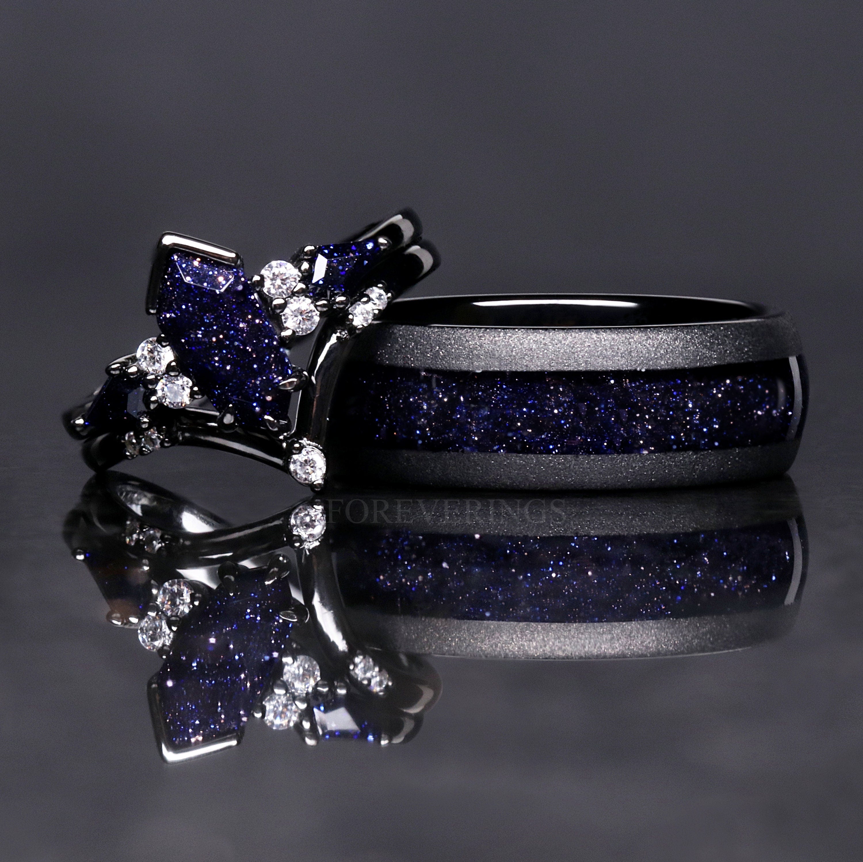 Starry Night Ring Coffin Kite Cut Sandstone, Black Rhodium Engagement Ring Set, Black Ring, 925 Sterling Silver, Blue Sandstone
