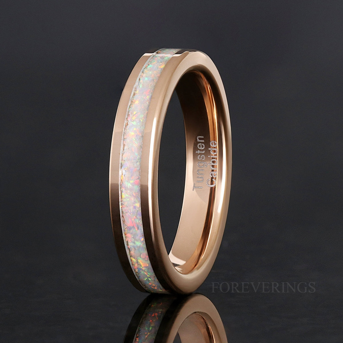 4mm rose gold tungsten ring with white fire opal inlay, angled to show the inside