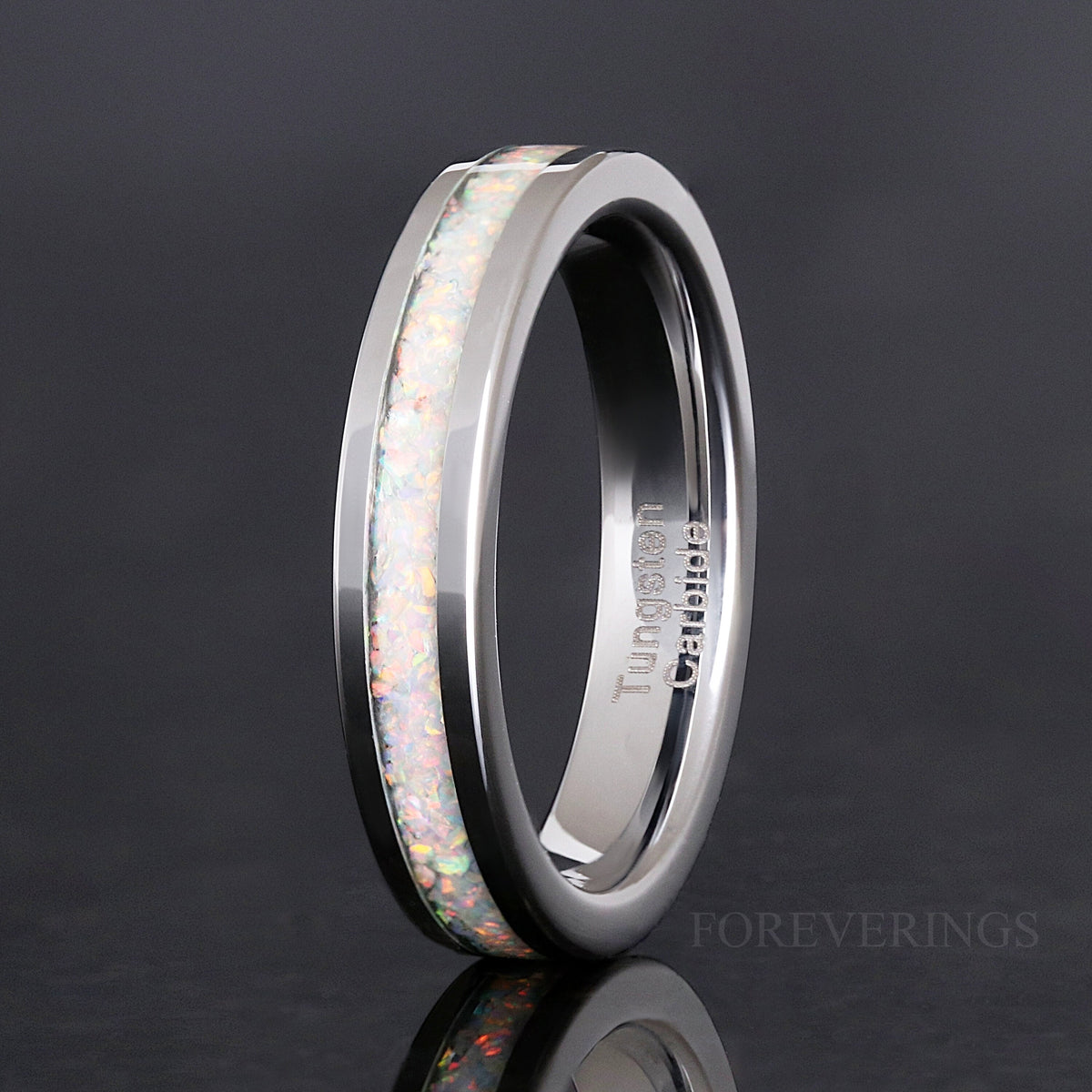 Women's 4mm polished silver tungsten ring with a white fire opal strip, standing upright