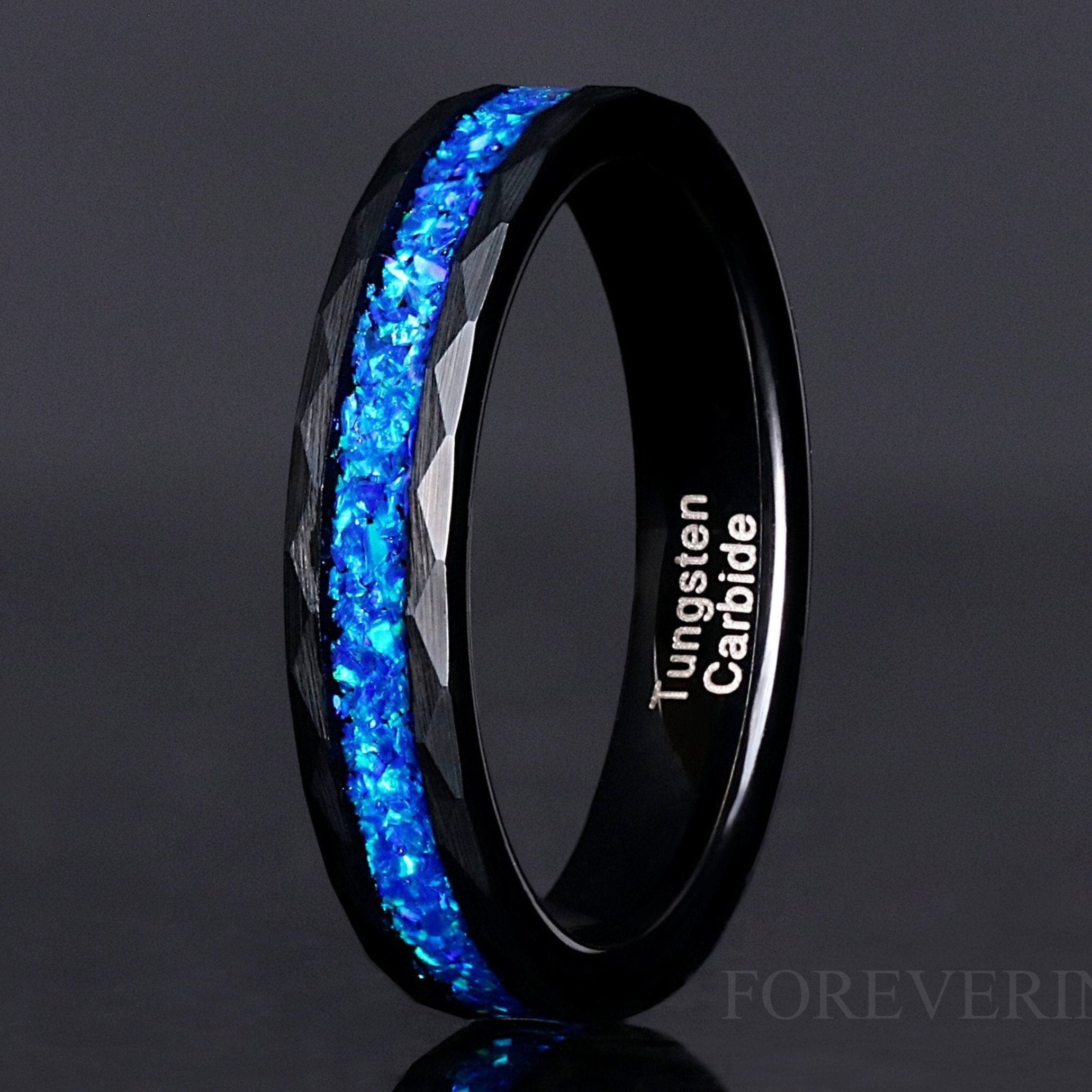Blue Fire Opal Wedding Band 4mm Black Tungsten Ring, Hammered Brushed, Blue Strip, Unique Promise Ring, Man Woman Wedding Band, Ring Engrave