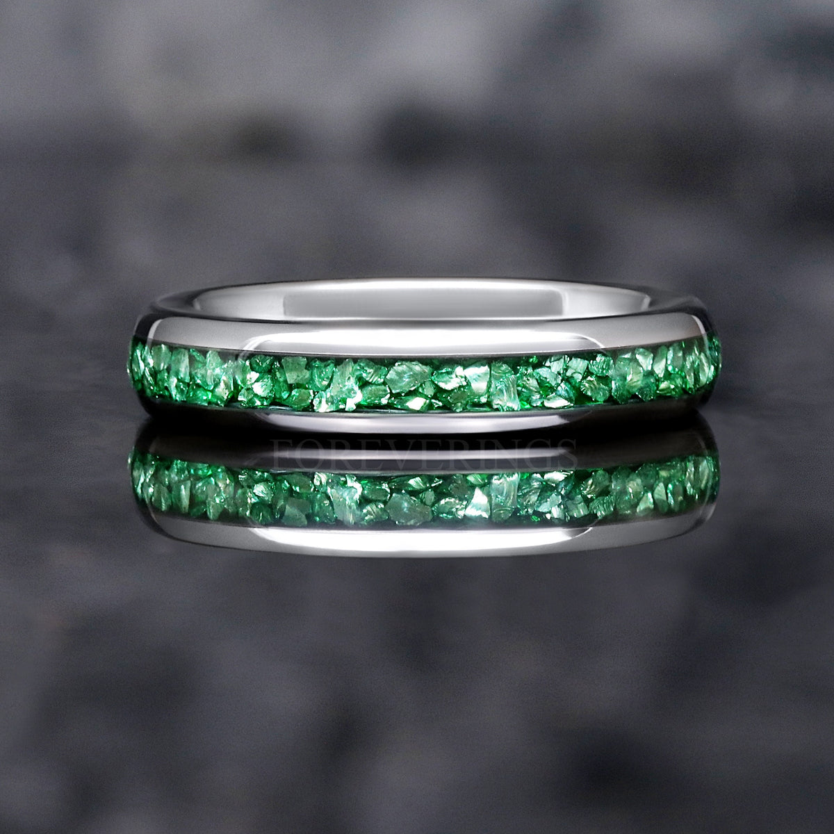4mm silver tungsten emerald band shown straight on, polished dome